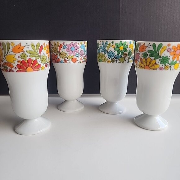 Vtg Mid Century Floral Milk Glass Sundae Parfait Dessert Cups Japan Set Of 4 - Picture 1 of 8